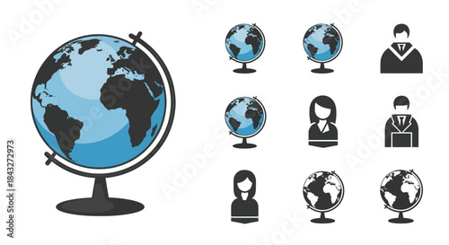A collection of world globe and people icons for global education community and business concepts.