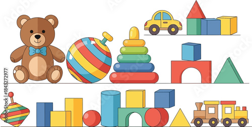 Colorful collection of classic children s toys including teddy bear blocks and car on transparent background