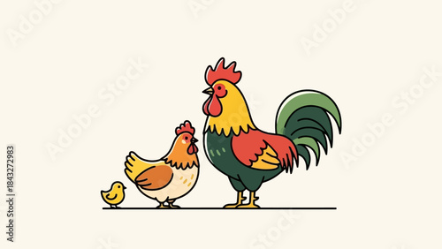 Cute Cartoon Chicken Family: Rooster, Hen, and Chick in a Row on Beige Background