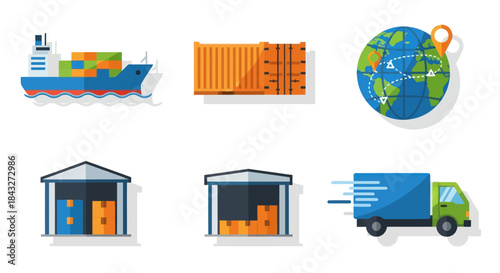 Global Logistics and Shipping Icons Set with Transport and Storage Elements.