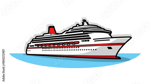 A stylized illustration of a large white cruise ship with red accents sailing on blue water.