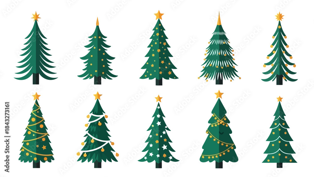 Obraz premium Set of Festive Green Christmas Trees Decorated with Stars and Lights