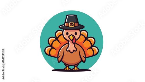 Cartoon turkey wearing a pilgrim hat on a white background.