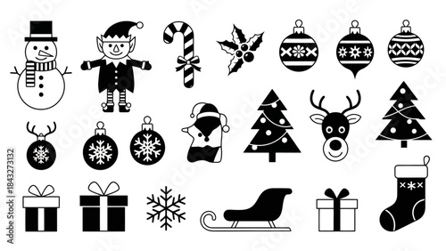 Christmas Icons Set: Snowman, Elf, Reindeer, Tree, Sleigh, Stocking, Gifts, Ornaments