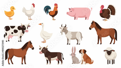 A vibrant illustration showcasing a collection of various farm animals in a colorful arrangement.