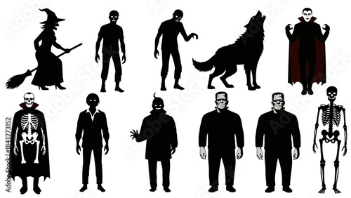 Silhouette Collection of Spooky Halloween Characters and Creatures on White