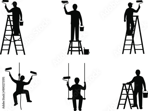 Collection of painter silhouettes working on ladders, stools, and suspended platforms, ideal for construction illustrations, renovation graphics, home improvement concepts, and vector design projects.
