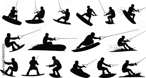 Collection of wakeboarder silhouettes performing various tricks, jumps, turns, and riding positions, ideal for water sports illustrations, extreme sports graphics, and dynamic vector artwork.