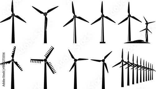 Collection of wind turbine silhouettes showing various blade positions and motion styles, perfect for renewable energy illustrations, environmental graphics, sustainable power concepts, and vector 