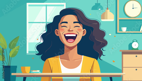 A joyful woman laughs in a vibrant turquoise room with natural light and a clean, minimalist aesthetic