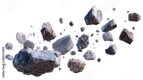 Diverse space rocks and meteorites are floating in zero gravity, forming an alien asteroid field or debris hazard in outer space, rendered on a transparent background