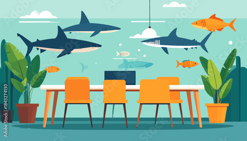 A room with sharks and fish swimming behind a conference table and chairs