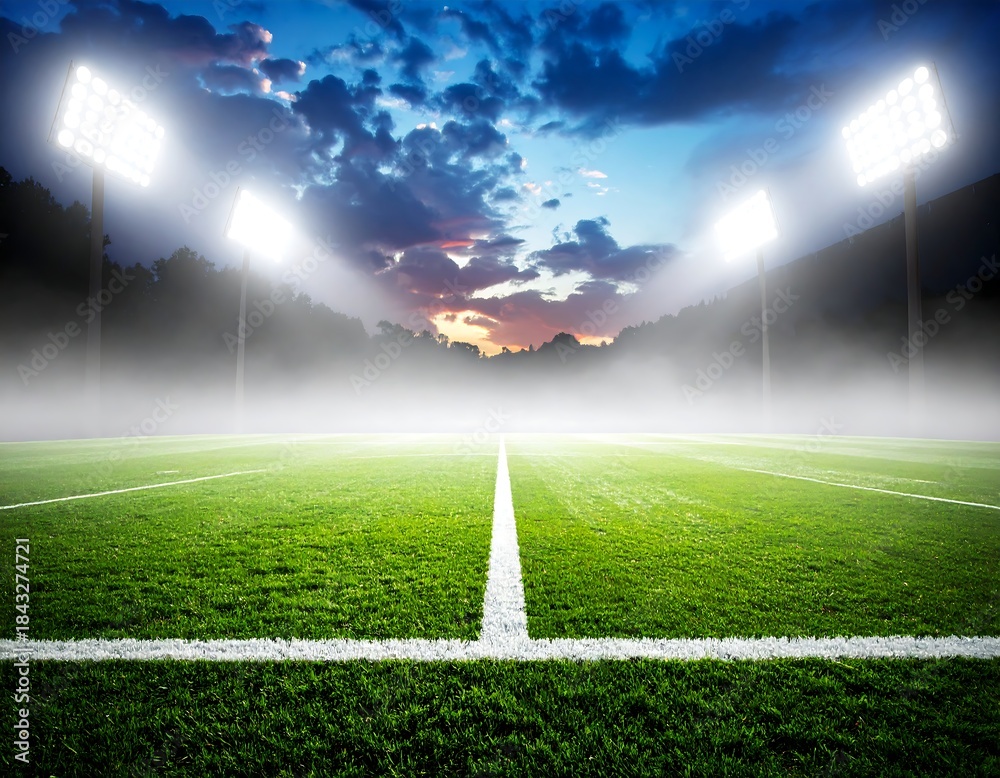 Obraz premium Empty stadium field bathed in bright lights, enveloped in soft mist, twilight sky