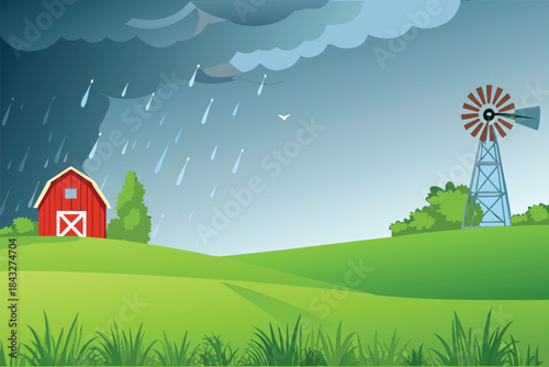 a rainy day on the farm with a red barn and windmill high quality