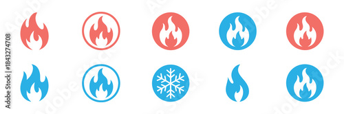 Hot and Cold Temperature Vector Icons Set. Flat Graphic Design with Fire Flame and Ice Snowflake Symbols