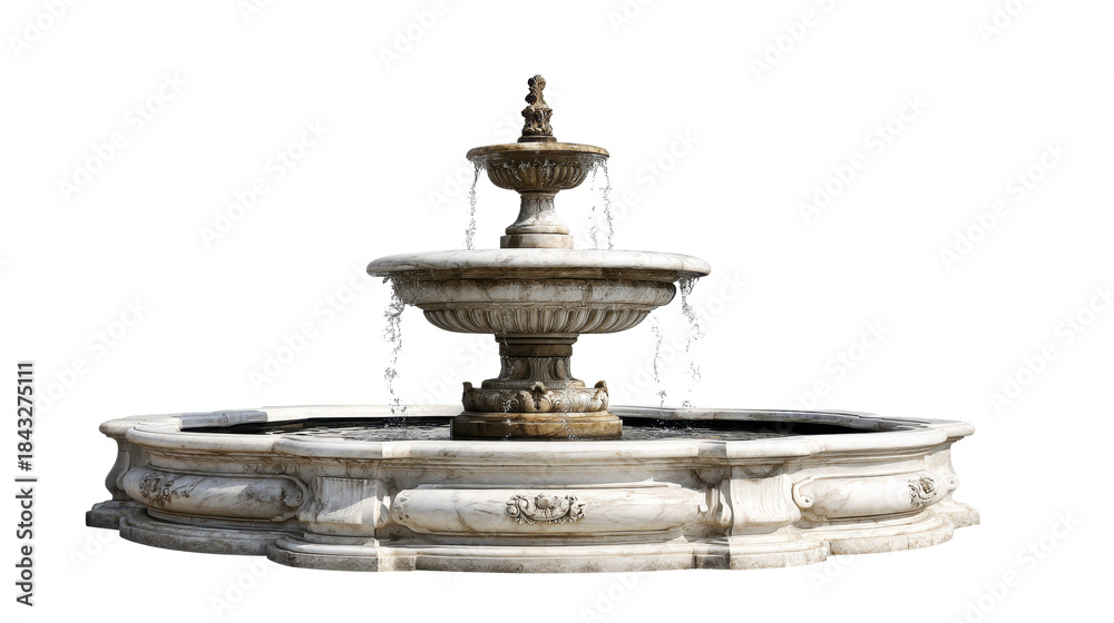 Fototapeta premium Ornate multi tiered white and brown marble fountain with cascading water and intricate relief carvings, isolated on transparent background conveying classical elegance, png