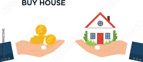 Buy house concept with money and a home illustration on transparent background