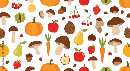 Colorful seamless pattern with various autumn harvest elements including pumpkins, mushrooms, apples, and acorns on a white background.