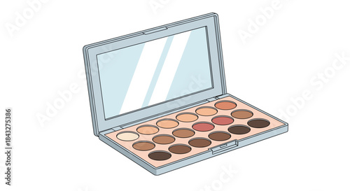 Realistic illustration of an open makeup palette with a mirror, containing various shades of neutral and warm toned eyeshadows.