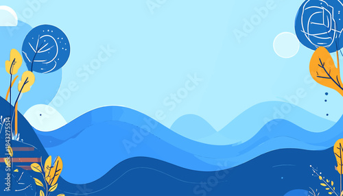 Blue-toned, stylized scene with gentle rolling hills, trees, and clouds. Peaceful and calm with vector-like look