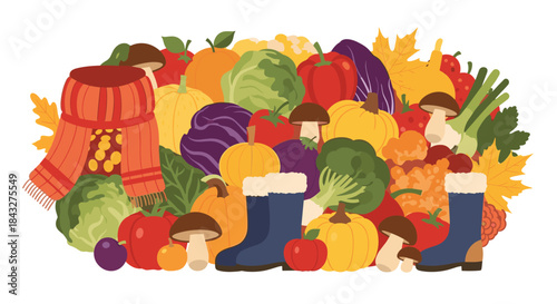 Colorful autumn harvest composition with seasonal vegetables, fruits, mushrooms, warm clothes, and fall leaves on a white background.