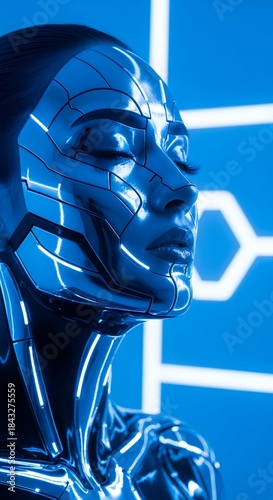 Futuristic android portrait with closed eyes and reflective blue surfaces