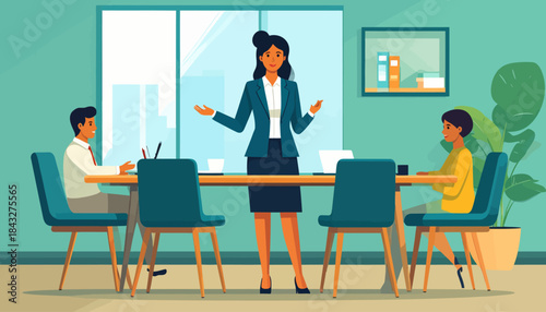 Business meeting with three people at a table in an office setting, flat illustration style