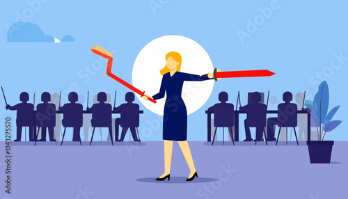 Businesswoman stands before working colleagues, holding a sword and a bent chart line