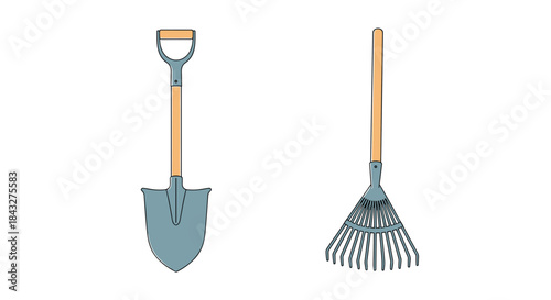 Simple colored line drawing illustration of essential garden tools, a shovel and a leaf rake, isolated on a white background.