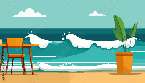 Calm beach scene with a table, chair, and potted plant looking out at the ocean with gentle waves under a blue sky