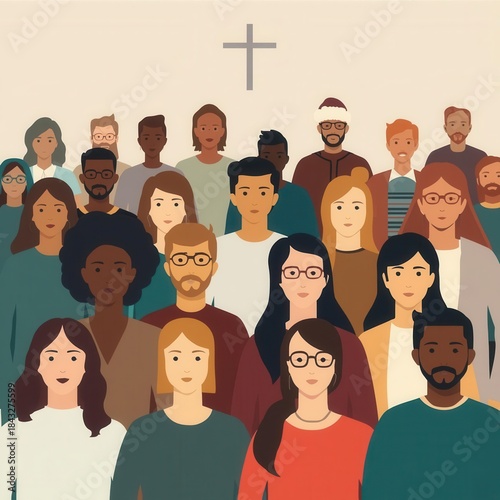 Illustration of a diverse group of people standing together in a church with a cross symbol in the background, representing unity, faith, inclusion, and community spirit.