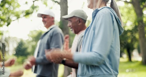 Old woman, hands and group exercise at park for functional fitness, warm up routine and cardio. Active retirement, senior people or happy with instructor outdoor for brisk walking or mobility workout