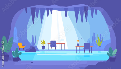 Cave office with a water surface, featuring desks, chair, and plants, illuminated by light from above