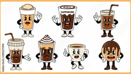 Retro Cartoon Coffee Drink Mascots Vector Illustration