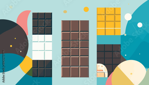 Chocolate bar art with geometric, abstract shapes on a light blue backdrop in flat design style