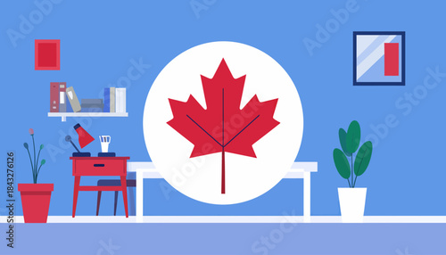 Flat-style illustration of a desk area with a maple leaf in a white circle on a blue wall