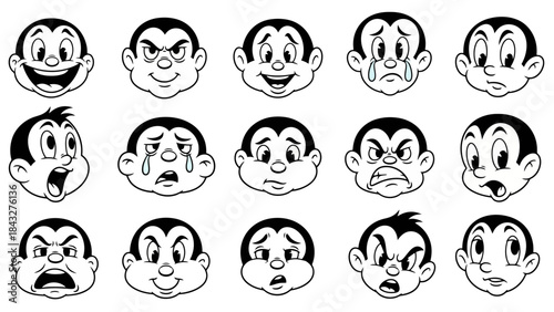 Retro Cartoon Faces Vector Illustration Set