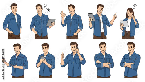 Diverse Man in Denim: Vector Illustration Set
