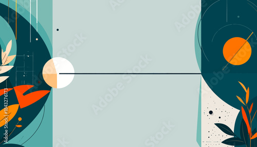 Geometric abstract art with circular shapes, leaves, and a flat horizon line in teal, orange, and white