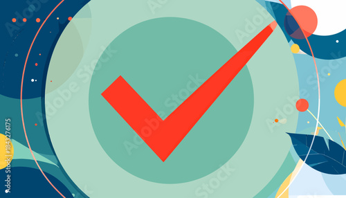 Geometric abstract illustration with a red checkmark centered on layered circles and organic leaf shapes