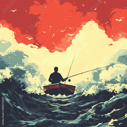 A solitary fisherman casts a line from a small boat amidst turbulent ocean waves. , vector style simple color