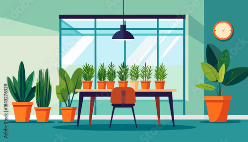 Indoor scene with houseplants near a window, table, chair, and hanging lamp, under an orange clock on a green wall