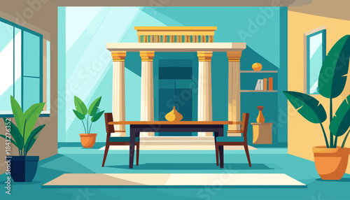 Interior featuring classical architecture, table, chairs, potted plants, bookshelf, and teal-toned background