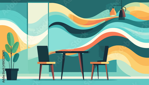 Interior illustration table, chairs, plant, abstract flowing background, and hanging lights