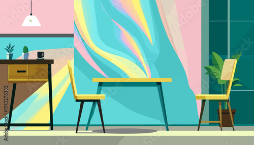 Interior scene featuring a desk, dining table, chairs, plants, lamp and vibrant abstract wall art