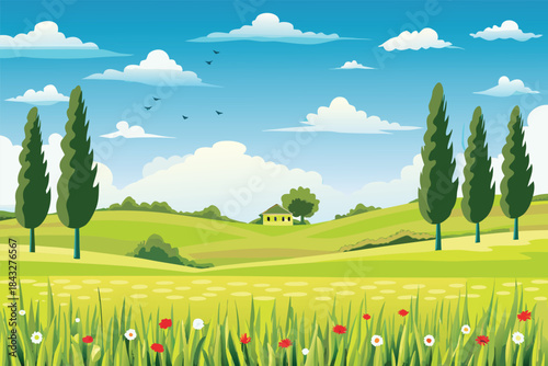 a tranquil countryside landscape featuring rolling green hills and tall cypress trees high quality