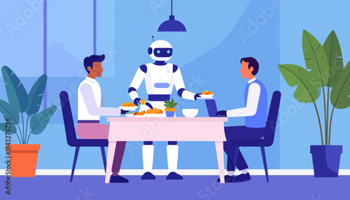 Robot serves food to people at a table indoors, with plants and a laptop present in a blue-toned scene