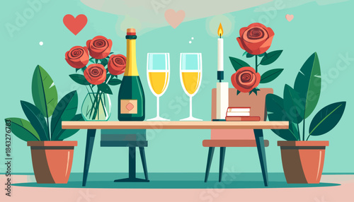 Romantic scene with champagne, roses, and a candle on a table for two against a pale blue backdrop