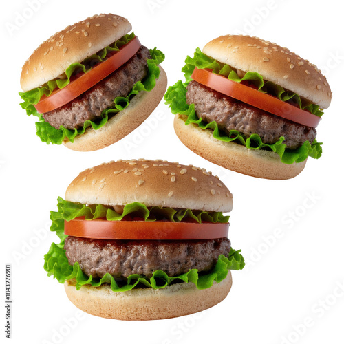 Three Delicious Hamburgers with Fresh Lettuce and Tomato on Transparent Background