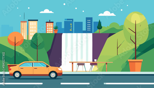 Stylized cityscape with a waterfall, road, car, and outdoor dining area in a vibrant, flat design illustration